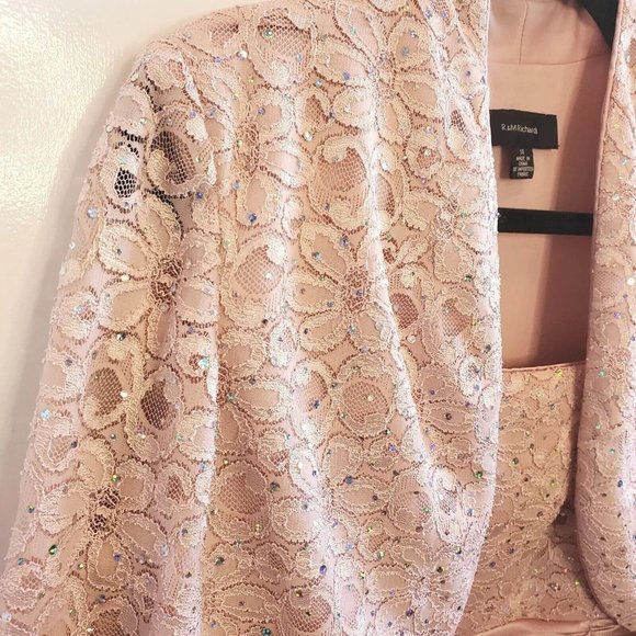 R & M Richards Sz 14 Pink Mother Of Bride Formal Tiered Dress Set Lace Jacket - Picture 6 of 11